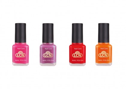 LCN Nail Polishes "Exotica": (von links) tahitian pink, tropical tulip, carribean red, tangerine dream, 8 ml (UVP: je 5,00 Euro)